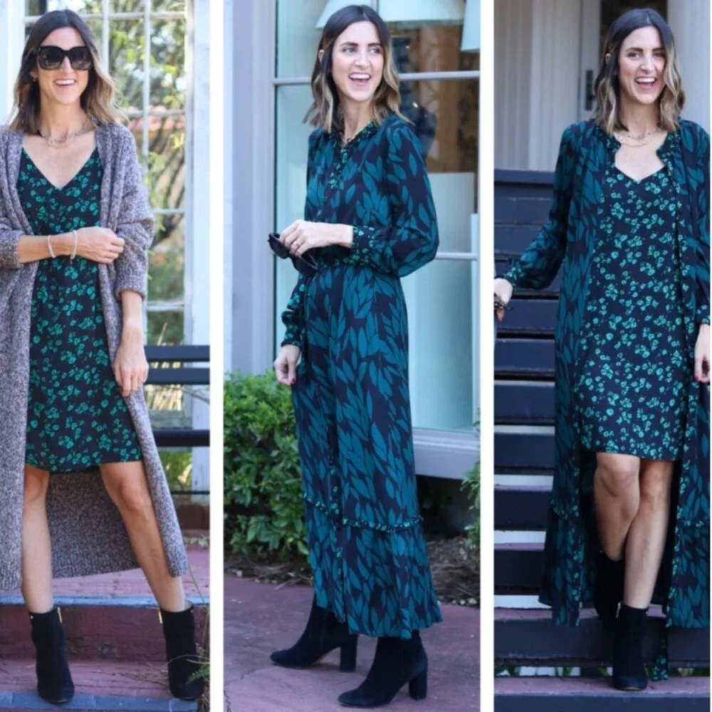Cabi Maxi Dress M Black Teal Leaf 2pc Set Whimsigoth Boho Duster Kimono Fairy